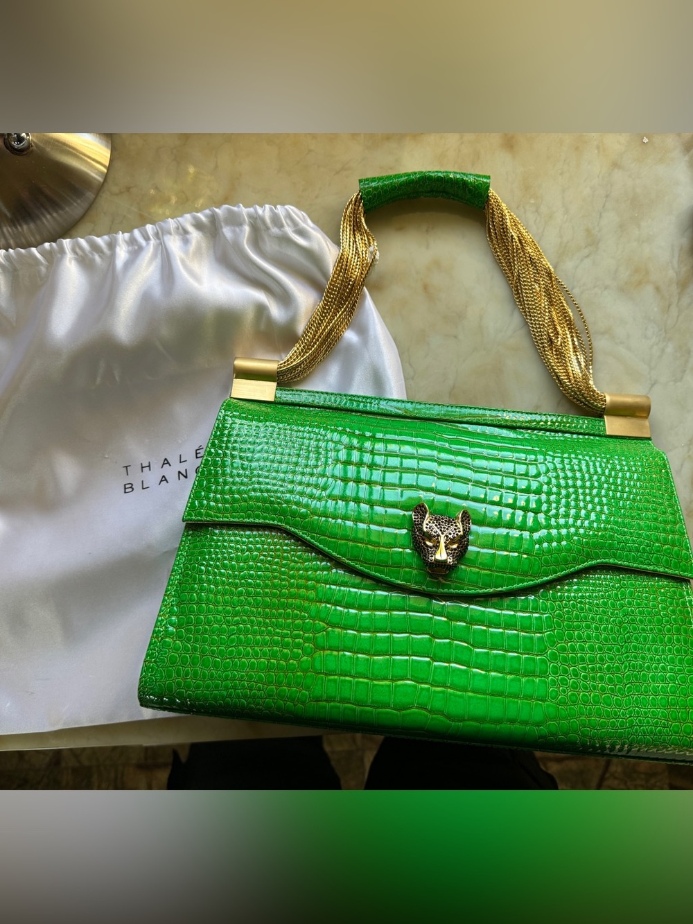 Croc-Embossed Green Top-Handle Satchel with Gold Chain— never been worn!